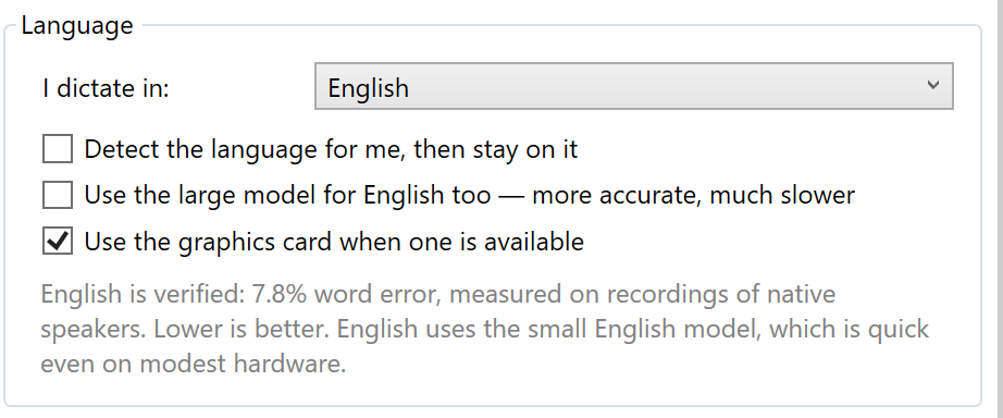 The Language section of InkBeepAI Settings: a dictation language picker set to English, checkboxes for automatic detection, using the large model for English, and using the graphics card, and a line reading "English is verified: 7.8% word error, measured on recordings of native speakers."